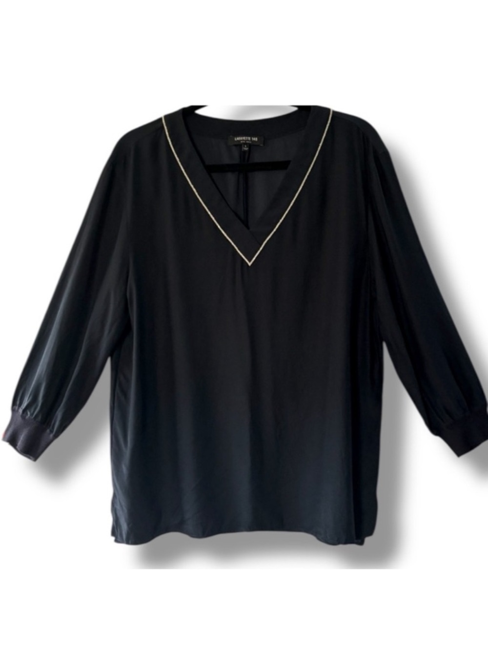 Lafayette 148 Silk Navy Ink V Neck Ribbed Cuff 3/4 Sleeve Metallic Piping Blouse